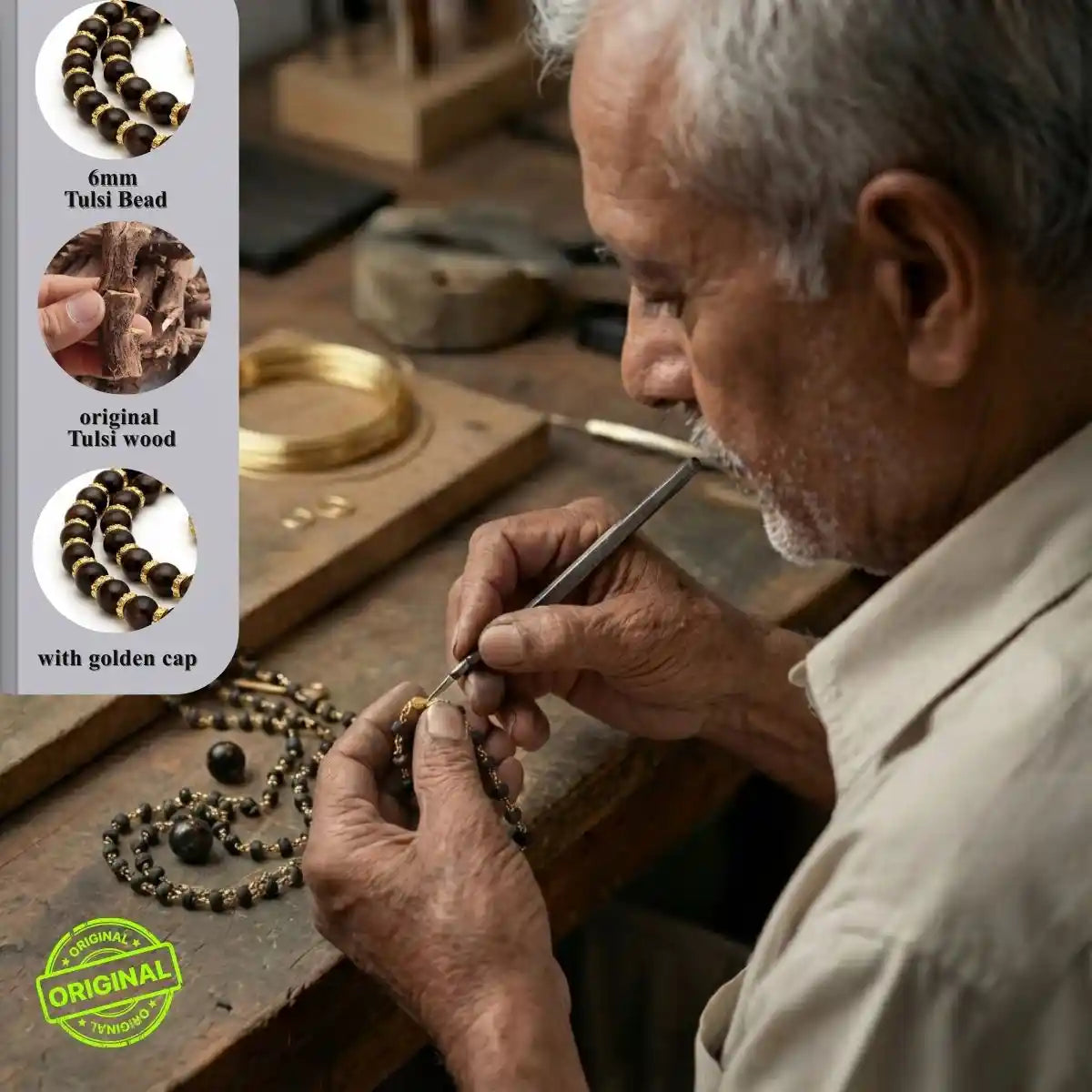 Tulsi Black Golden Cap Mala Jaap Mala for Pooja