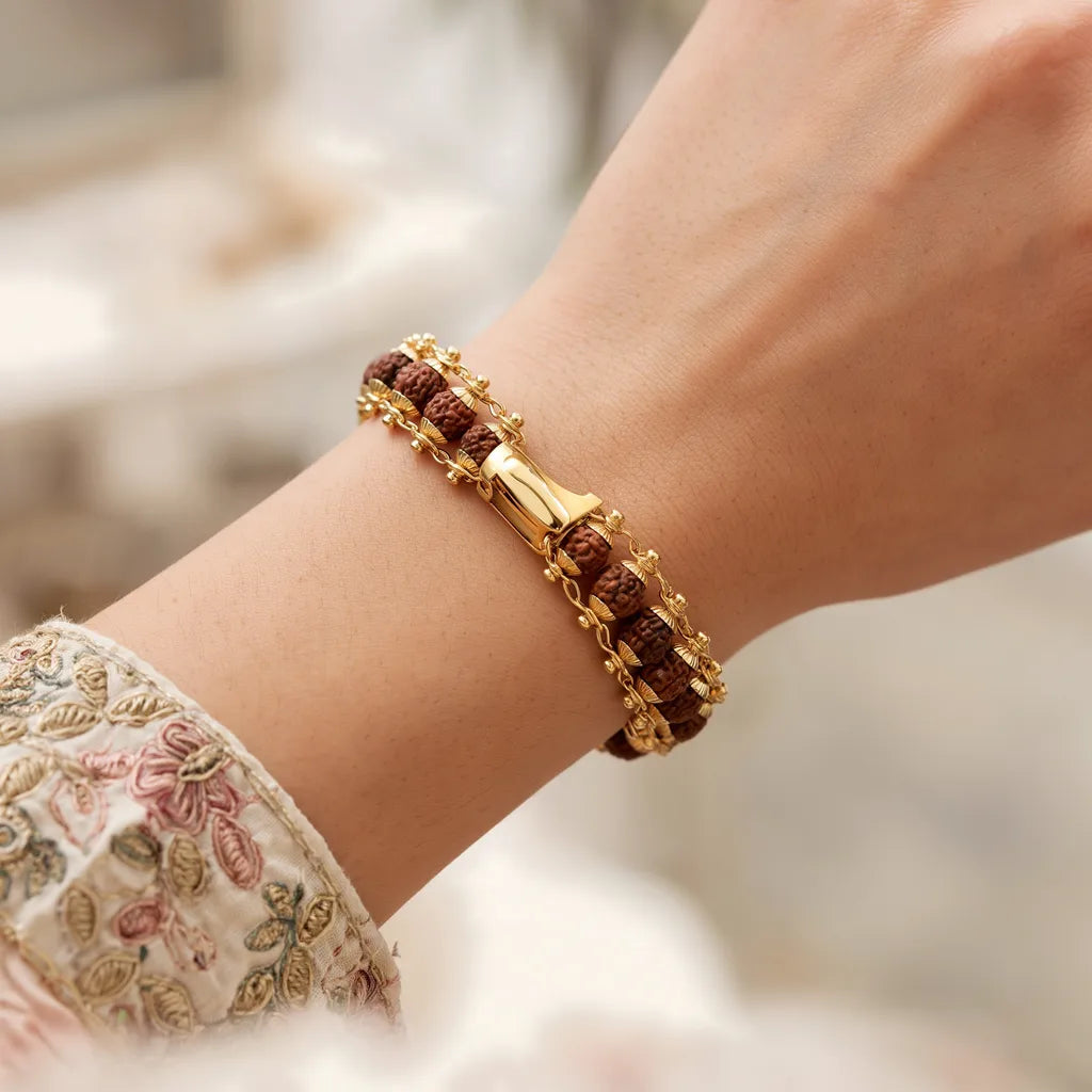Gold plated 5 mukhi rudraksha bracelet - wrist her